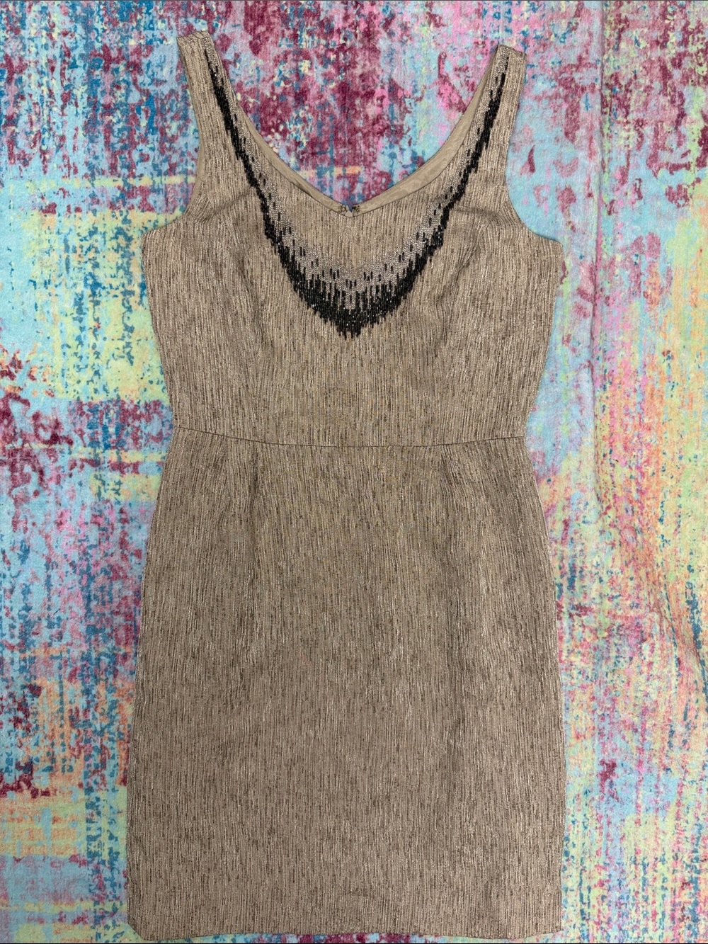 Tahari Taupe Knit Sheath Dress with Black Beaded Detail
